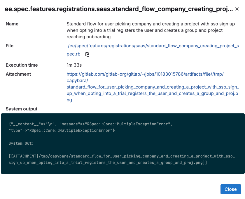 A failed unit test report with test details and screenshot attachment